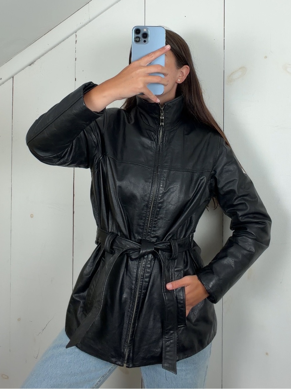 Vintage Kathy Ireland Black Leather Belted Jacket Women’s Medium Funnel Neck Y2K